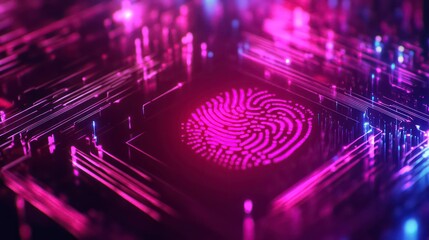 Poster - Concept Protect personal data banner. Security system with fingerprint on cyber technology neon background