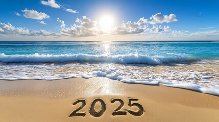 Wall Mural - Embracing the New Year 2025 with Waves on the Sandy Beach