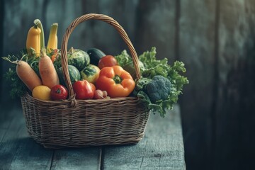 Aufkleber - A beautifully arranged wicker basket overflowing with assorted fresh vegetables and fruits on a rustic wooden table invites healthy eating. Generative AI