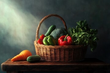 Fototapete - A wicker basket filled with vibrant vegetables and fruits rests on a rustic wooden table, beautifully illuminated by soft light. Generative AI