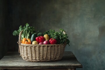 Aufkleber - A wicker basket overflows with vibrant fresh vegetables and fruits, adding a touch of nature to a rustic wooden table. Generative AI