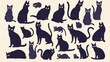 A whimsical collection of black cats in various poses and expressions, showcasing their playful and mysterious nature.