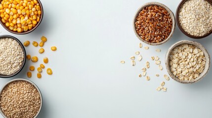 Poster - A clean white background showcases stylish bowls filled with different grains, including oats, rice, and corn, adding a touch of elegance. Generative AI