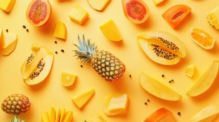 Aufkleber - A vibrant display of sliced tropical fruits features pineapples, mangoes, and papayas against a cheerful yellow backdrop. Generative AI