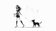 © EugeneART - Black and white illustration of a girl walking a dog. Domestic animal. Man's best friend.