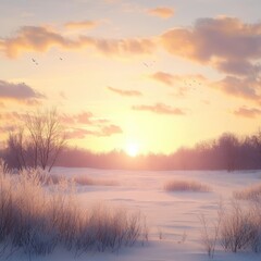 Wall Mural - Winter sunrise over a serene snowy meadow with a gentle, golden glow