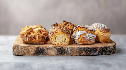 Poster - An array of assorted artisan bread and flaky pastries is elegantly arranged on a rustic wooden board, tempting snack lovers. Generative AI