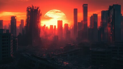 Wall Mural - post-apocalyptic city with glowing red sunset and ruined skyscrapers, dramatic dystopian landscape, 