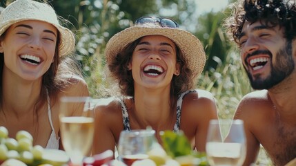 Genuine Laughter: Diverse group of friends laughing together at picnic, capturing joy of friendship