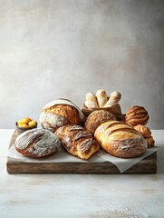 Poster - Freshly baked bread and pastries are artfully displayed on a rustic wooden board in a warm, inviting kitchen atmosphere. Generative AI