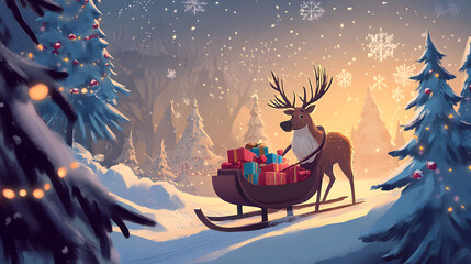 Scene of cute cartoon animals celebrating Christmas, dancing and sharing gifts.