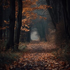 Wall Mural - Autumn forest path covered in a blanket of fallen leaves