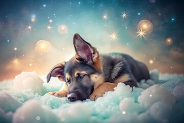 Surreal Side View Portrait of a Sleeping German Shepherd Puppy Surrounded by Dreamlike Elements and Soft Pastel Colors in an Ethereal, Tranquil Setting for a Unique Artistic Touch