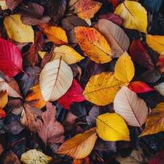 Wall Mural - Colorful autumn leaves scattered on a forest floor