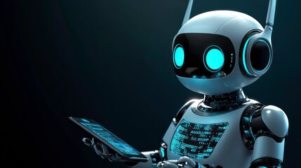 Poster - A friendly robot holding a smartphone, illuminated by soft background lights.