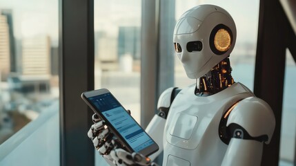 Poster - A humanoid robot holding a smartphone in an urban setting.