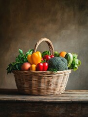 Aufkleber - A wicker basket filled with colorful fruits and vibrant vegetables sits atop a rustic wooden table, showcasing fresh produce in a warm setting. Generative AI