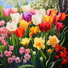 Wall Mural - Springtime garden bursting with colorful tulips and daffodils