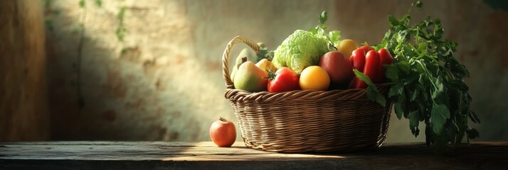 Fototapete - Fresh vegetables and fruits are artfully arranged in a wicker basket on a rustic wooden table, brightening the cozy kitchen atmosphere. Generative AI