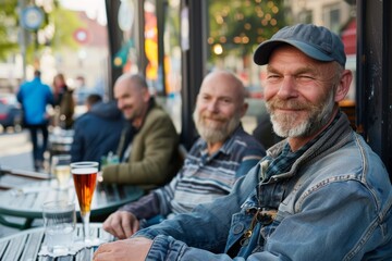 Handsome mature man sitting in a pub and drinking beer.