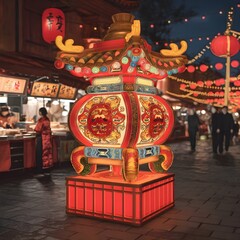 photo of a Chinese New Year celebration, featuring a bustling city street adorned with decorations.