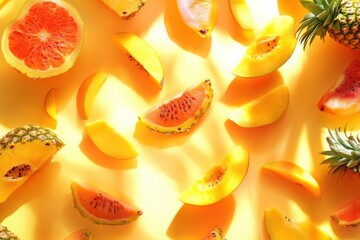Aufkleber - Slices of colorful tropical fruits such as pineapples, mangoes, and papayas create a lively display against a sunny yellow backdrop. Generative AI