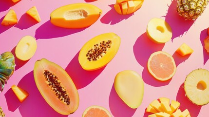Aufkleber - Sliced tropical fruits including pineapples, mangoes, and papayas are artistically arranged on a vivid pink background, showcasing their colors. Generative AI