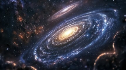Wall Mural - Swirling Galaxy in Cosmic Voyage, Celestial Dance of Stars and Nebula, Dynamic Galactic Core with Distant Planet and Glowing Energy in Space, Stunning Visual of Dark Matter and Stellar Formation