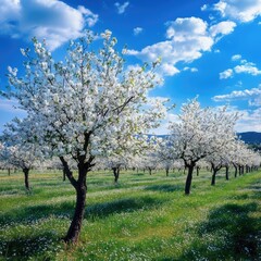 Sticker - Spring orchard with fruit trees in full blossom 