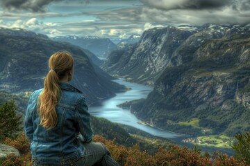 Wall Mural - Woman sits atop mountain, looking out at valley below