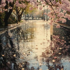 Sticker - Spring rain creating ripples in puddles on a blooming street