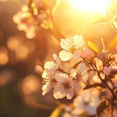 Sticker - Spring sunrise casting a golden light on blossoming flowers 