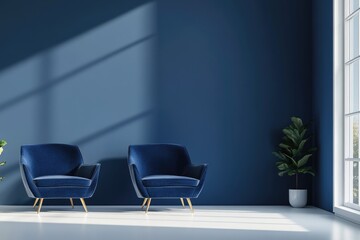 The image showcases a stylish living room with two modern chairs, set against a backdrop of blue walls. The furniture arrangement creates a cozy and inviting atmosphere.