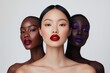 © Khawla - high-end beauty campaign group of models with different skin tones, showcasing vibrant lip colors and glowing highlighter for luxury cosmetics advertising