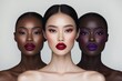 © Khawla - high-end beauty campaign group of models with different skin tones, showcasing vibrant lip colors and glowing highlighter for luxury cosmetics advertising
