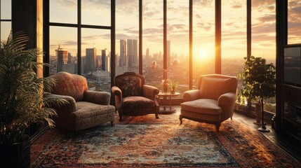 Sunset view of an eclectic living room with vintage armchairs, antique rugs, and a warm golden light casting across a city skyline backdrop.