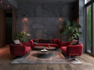 A modern living room interior with a red sofa. two armchairs. a coffee table. and a large window The walls are dark grey and the floor is wooden