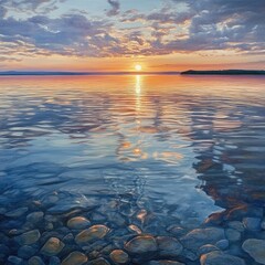 Poster - Summer sunset reflecting off calm, crystal-clear waters 