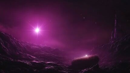 Wall Mural - nativity scene. birth of jesus christ with manger in dark magenta landscape and the star of bethlehe
