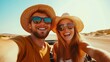© Sanych - Young couple on a off road adventure excursion outside - Joyful tourists taking selfie with smart mobile phone in the desert - Tourism tour activities, transportation and summertime holidays concept