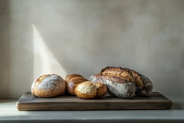 Poster - An inviting display of assorted freshly baked bread and pastries on a rustic wooden board, highlighting their warm and inviting textures. Generative AI