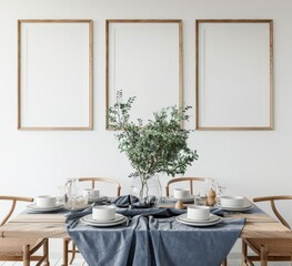 Minimalist dining room with a wooden table. blue tablecloth. and two empty picture frames