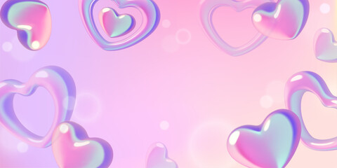 y2k gradient hearts background with 3d holographic abstract heart shapes and bokeh effect. cute roma