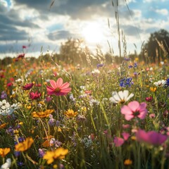 Sticker - Vivid summer wildflowers in a sun-drenched field 