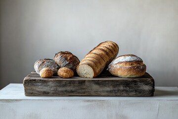 Aufkleber - Freshly baked bread and pastries are beautifully displayed on a rustic wooden board, showcasing artisanal craftsmanship in a warm ambiance. Generative AI