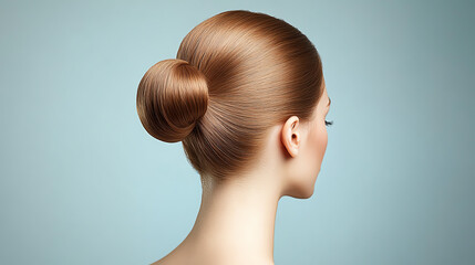 Elegant hairstyle featuring a smooth bun on a woman's head against a soft pastel background, highlighting beauty and sophistication.