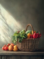 Fototapete - A wicker basket is filled with vibrant vegetables and fruits, resting on a rustic wooden table with warm, inviting light. Generative AI