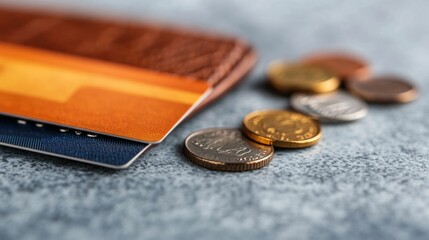 close up shot of a credit card and a wallet with coins scattered on a wooden table showcasing a deep