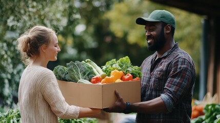 black male farmer giving box full of fresh vegetables to caucasian woman at farmers market