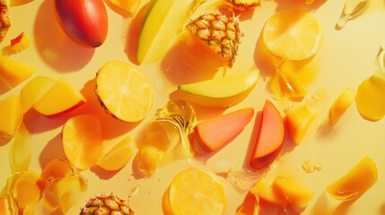 Aufkleber - Slices of tropical fruits including pineapple, mango, and papaya are artfully arranged on a vivid background, showcasing their vibrant colors. Generative AI